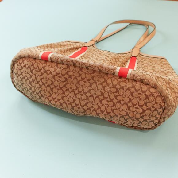 Coach Devin Signature Stripe Orange Top Handle Tote Bag Leather Strap - Picture 3 of 14